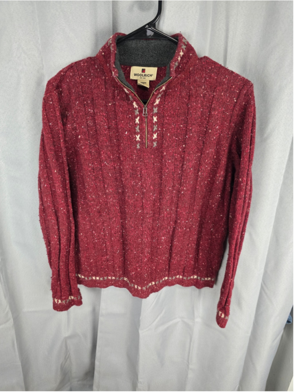 Women's Woolrich Quarter Zip Sweater Medium Red Grey Knit Pullover